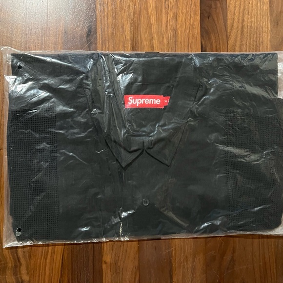Supreme Mesh Panel Short Sleeve Linen Button Up Shirt in Black Men’s Size XL - Picture 3 of 5